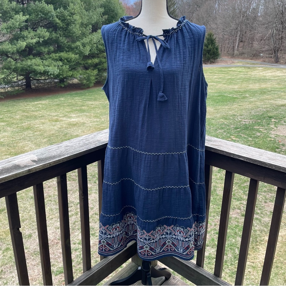 Max Studio dress peasant hippie boho tiered embroidered summer cotton blue 1X
